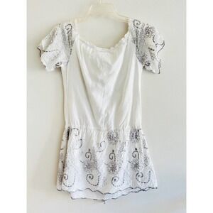 Guess | Women's White Shorts Sleeve Eyelet Scallop Fit & Flare Dress Size S